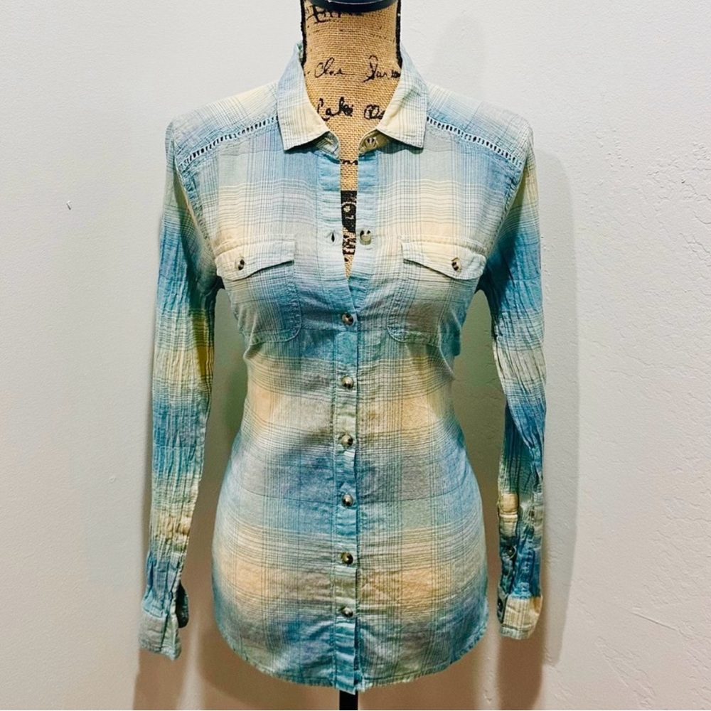 Women Toad & Co Blue Yellow Lightweight Button Down Flannel Shirt Size M